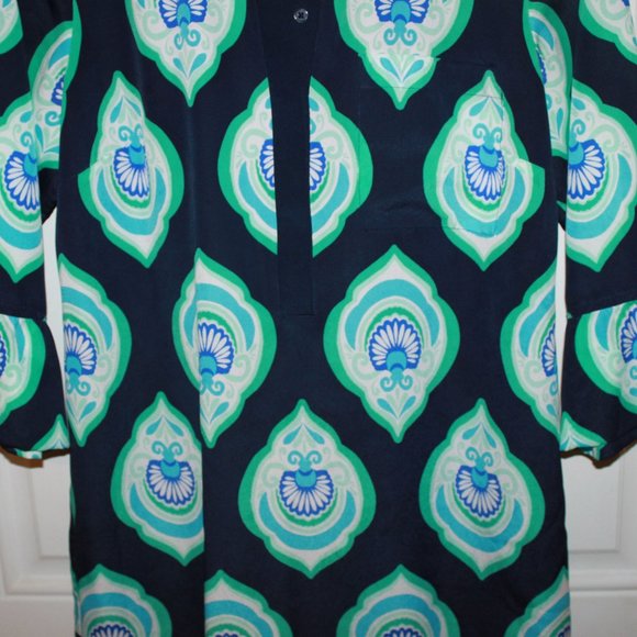 SALE: Crown & Ivy Navy/Turquoise Geometric and Monkey Design Shift Dress Size 4 - Picture 3 of 10